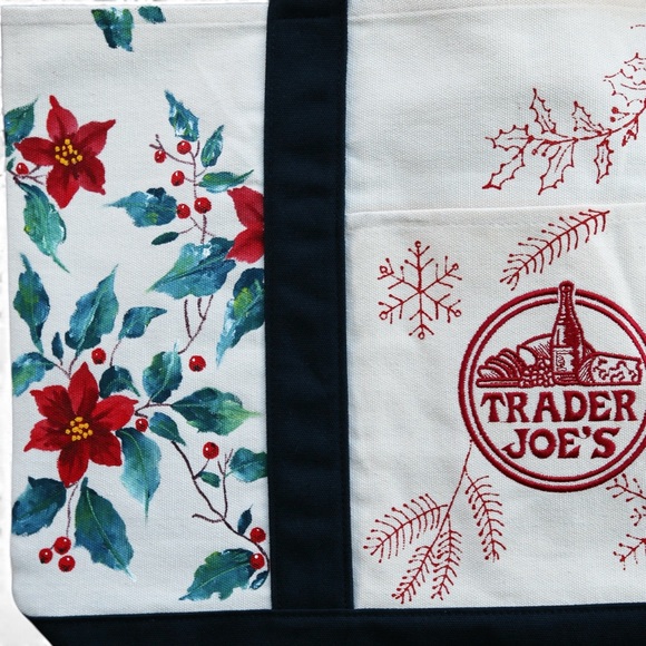 Hand Painted Trader Joe’s Christmas Canvas Tote Bag – Poinsettia & Holly Design - Picture 5 of 5